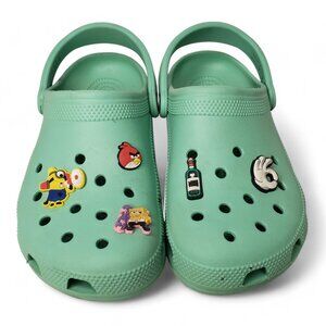 Crocs Clog Sandals Women's Mint Green Slip On with 5 Cartoon Jibbitz M6 W8
